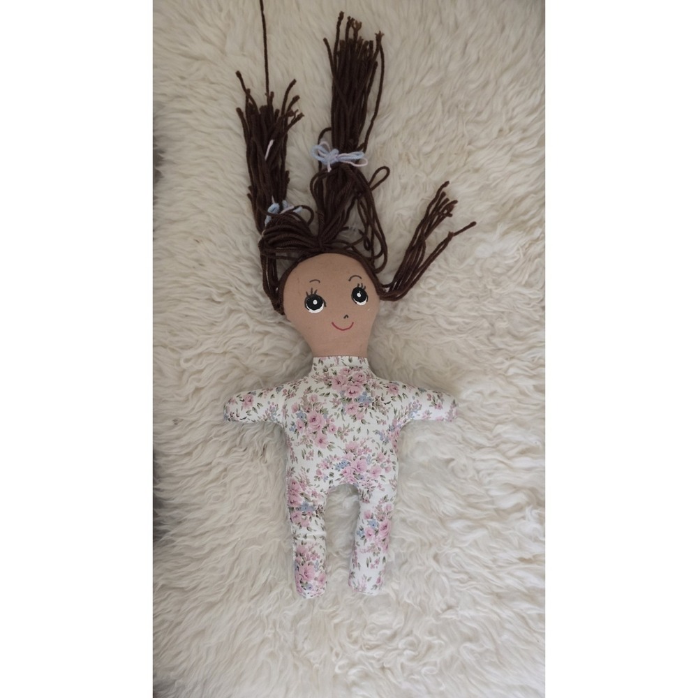 Handmade Vintage Rag Doll Floral Patterned Fabric Yarn Hair
